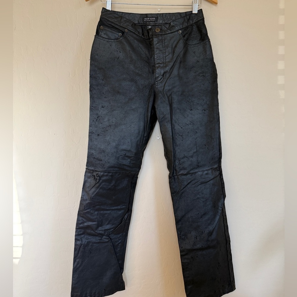 Vintage 90s Genuine Leather Pants NY & CO Straight Leg Black Distressed Women 28